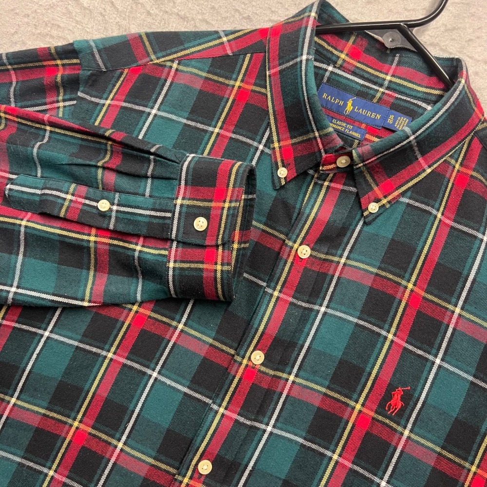 Ralph Lauren Performance Flannel Shirt Mens XL Classic Fit Green Red‎ Plaid Pony